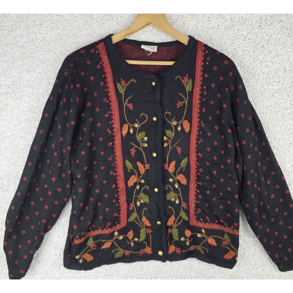 Vintage Crystal Kobe Floral Vine Cardigan Womens Large Cottagecore Gold Buttons